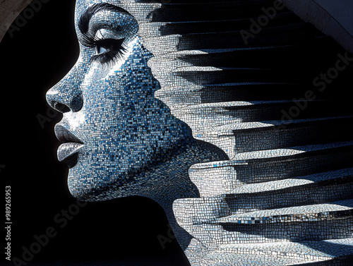 Abstract human face built from mosaic stone textures and integrated stairs, surreal profile merging architecture and human features with light and shadow in modern geometric design photo