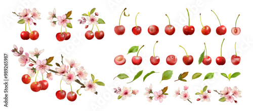 Wallpaper Mural Cherry icons. Red fruit berry, organic green leaf. Nutrition healthy food, nature dessert, fresh and juicy. Isolated elements and compositions for decor packaging. Vector flat design Torontodigital.ca