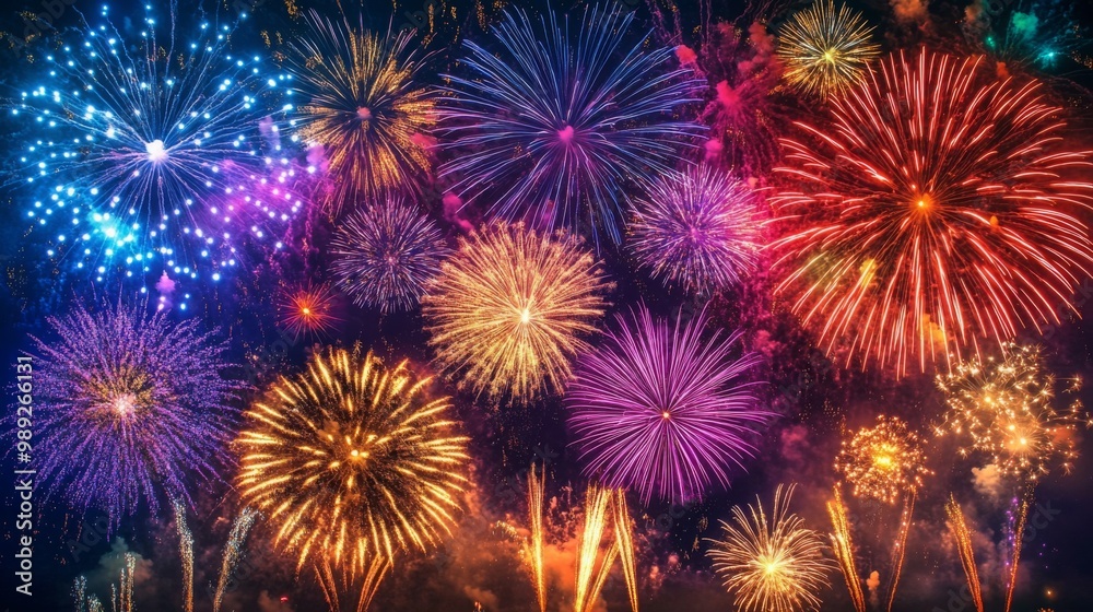 The sky is alive with vibrant fireworks, their bright colors adding a sense of wonder and celebration The sky is alive with vibrant fireworks, their bright colors adding a sense of wonder and celebration
