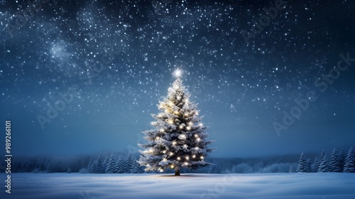 Christmas tree in snow with night sky full of stars, banner, wallpaper, HD, Merry Christmas Card, Greeting, Joy to the world, White Christmas, Forest