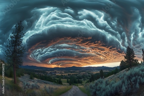A breathtaking view of lenticular clouds illuminated by the warm hues of sunset over a serene valley.