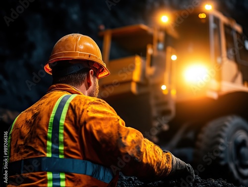 A worker in an orange safety uniform and hard hat operating a mining excavator in a dark environment, illuminated by bright machinery lights.