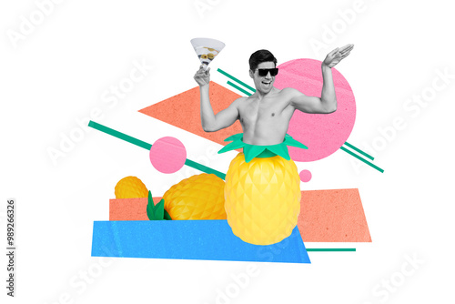 Summer theme photo collage relaxed male cheers ananas cocktail drink vacation all inclusive resort hotel picture background photo