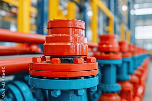 Close-up of colorful industrial piping components showcasing orange and blue valves, representing modern engineering and mechanical efficiency. photo