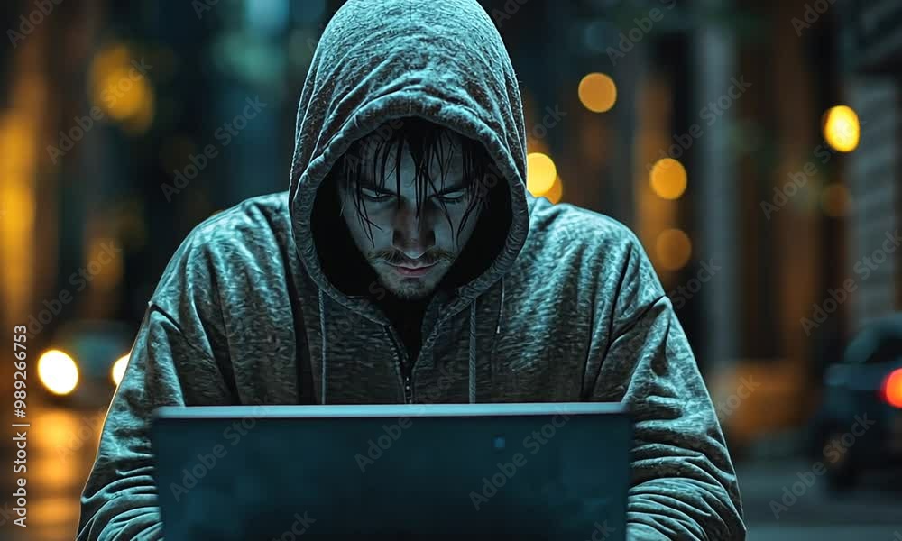 A hooded figure intently works on a laptop in a dimly lit environment. A hooded figure intently works on a laptop in a dimly lit environment.