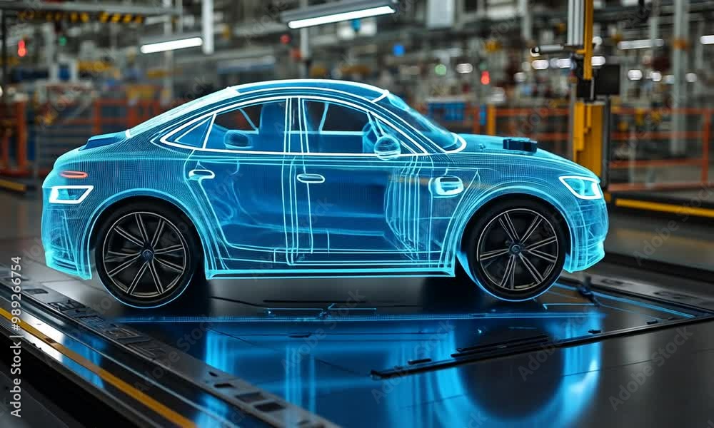 A holographic representation of a car in a manufacturing setting. A holographic representation of a car in a manufacturing setting.