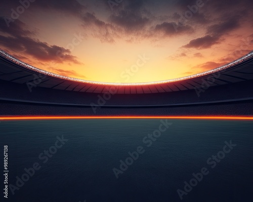 Stadium view during sunset with dramatic sky and empty field.