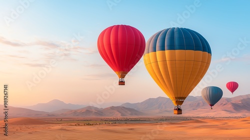 Colorful hot air balloons over a vast desert, lowangle, hues of red, yellow, and blue against the sky, dynamic and vibrant