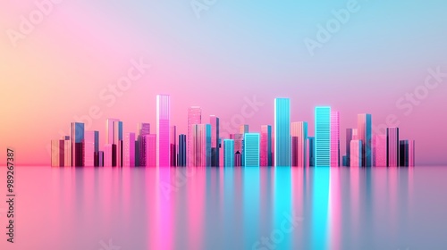 Futuristic skyline glowing in neon pink and blue, highangle shot, reflections on glass, dynamic and vibrant, urban energy