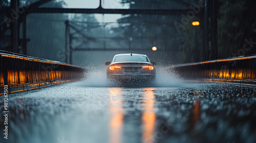 A car drifting across a bridge in heavy rain water spraying off the tires.