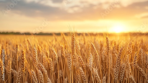 Golden wheat fields swaying under a sunset sky, wideangle, hues of orange and red, soft warm light, rustic and serene