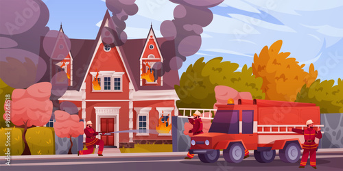 Fire department. Fireman extinguishing flame. Burning house. Rescue from ignition. Fighters spray water. Firetruck at street. Extinguishers team. Blazing home with smoke. Vector concept