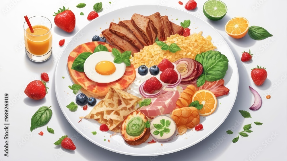 Illustration of Delicious Food on a Plate, Yummy Food Concept white background