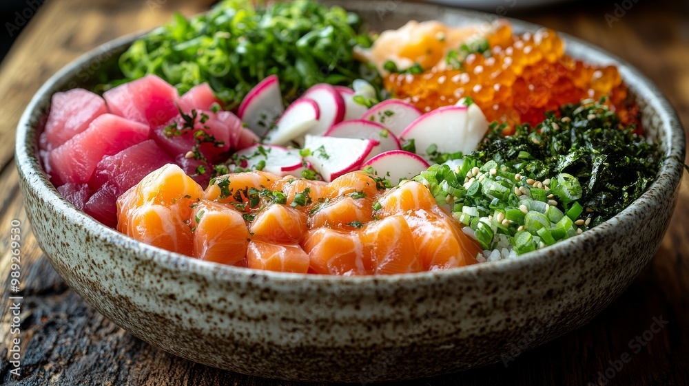 A top-down view of a deconstructed sushi bowl with vibrant ingredients spread out in a circular pattern A top-down view of a deconstructed sushi bowl with vibrant ingredients spread out in a circular pattern