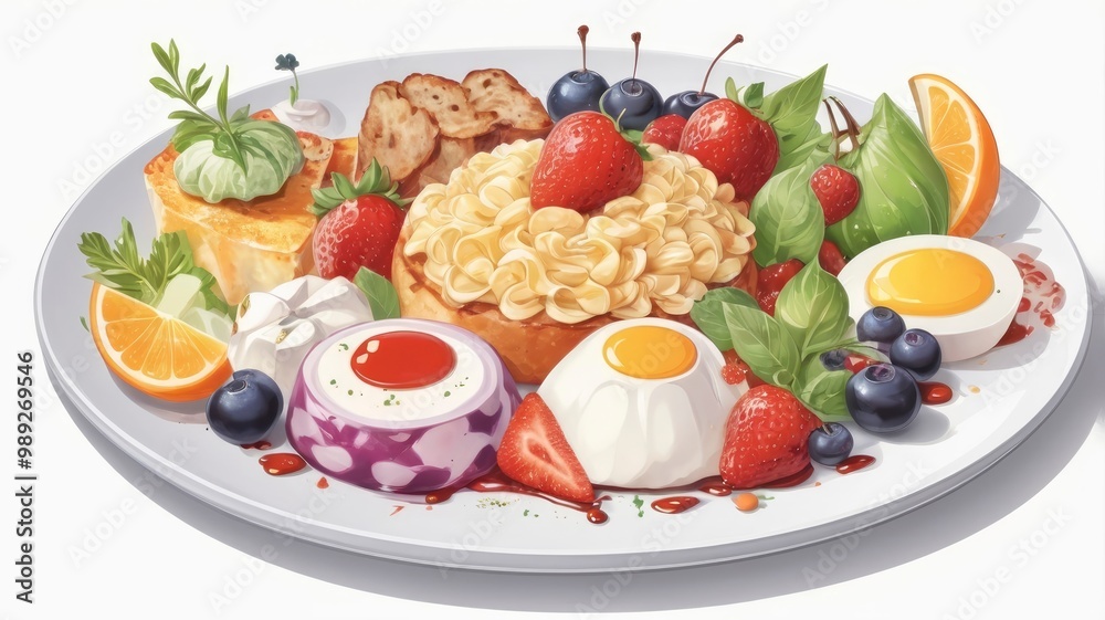 Illustration of Delicious Food on a Plate, Yummy Food Concept white background Illustration of Delicious Food on a Plate, Yummy Food Concept white background