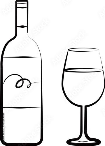 ワインのボトルとグラスの筆タッチの黒の線画イラスト