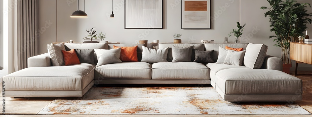Cozy and inviting modern living room with a large comfortable sectional sofa minimalist stylish decor plush color rug and throw pillows mid century modern furniture Cozy and inviting modern living room with a large comfortable sectional sofa minimalist stylish decor plush color rug and throw pillows mid century modern furniture