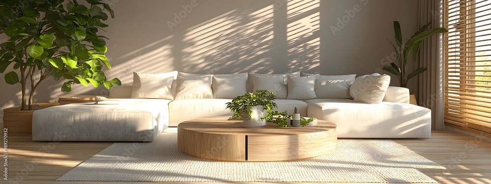 Fototapeta premium Cozy and inviting modern living room with a large comfortable sectional sofa and minimalist stylish decor featuring natural wood elements and greenery in muted pastel tones