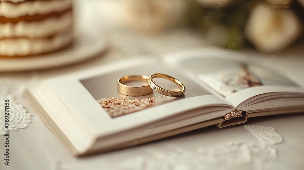 Close-up of two golden wedding rings resting on an open photo album, symbolizing marriage and cherished memories. Close-up of two golden wedding rings resting on an open photo album, symbolizing marriage and cherished memories.