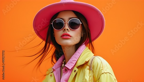 Chic lady in pink beanie and sunglasses poses boldly against a striking orange backdrop