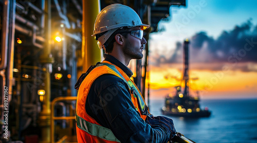 Worker overseeing oil rig at sunset photo