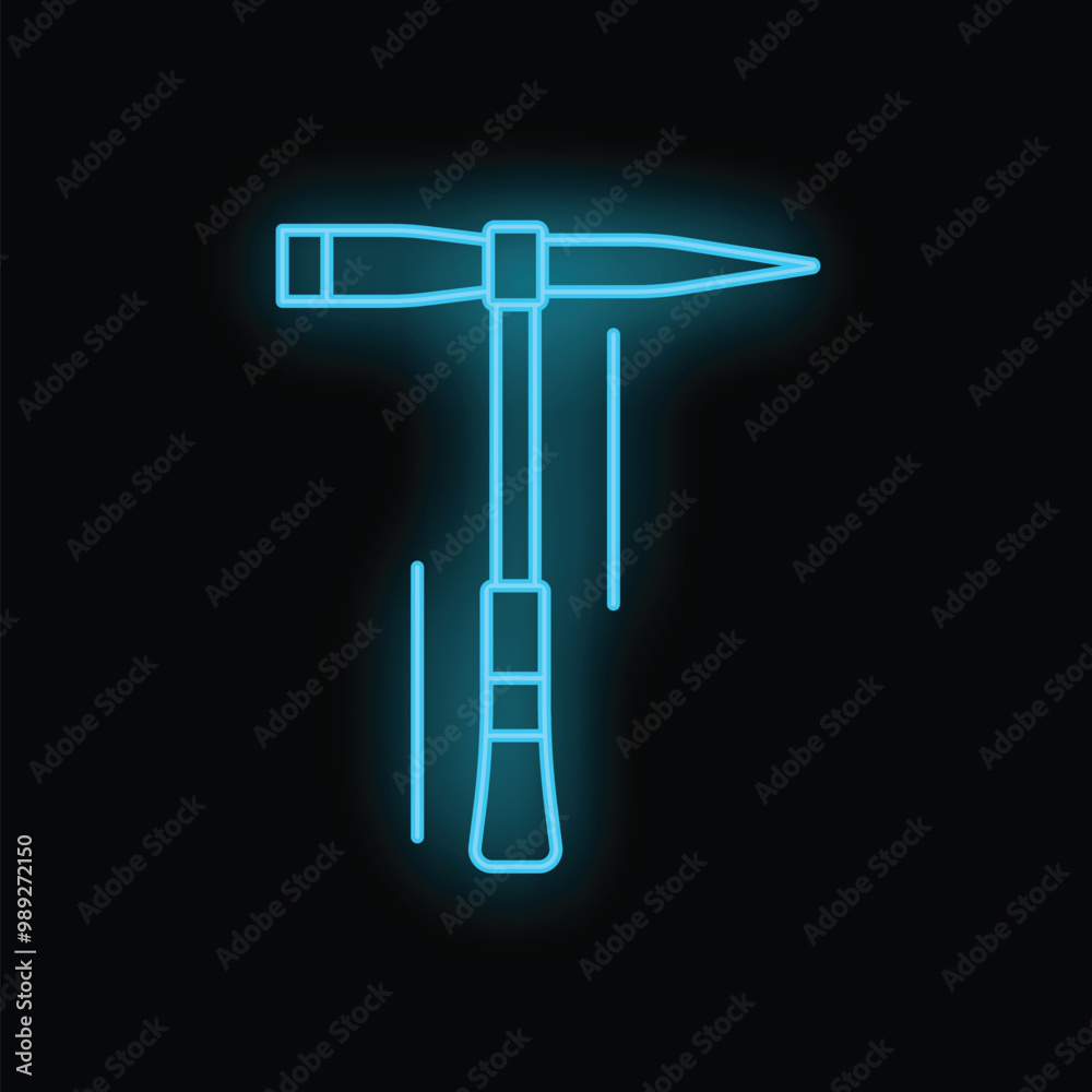 Blue neon sign representing a pickaxe falling down, ideal for bar, pub or night club decoration Blue neon sign representing a pickaxe falling down, ideal for bar, pub or night club decoration