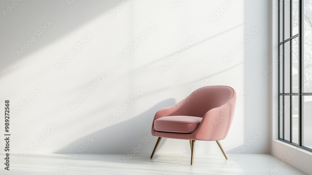 Elegant pink chair in a minimalist sunlit room with large window and shadows cast on white walls. Elegant pink chair in a minimalist sunlit room with large window and shadows cast on white walls.