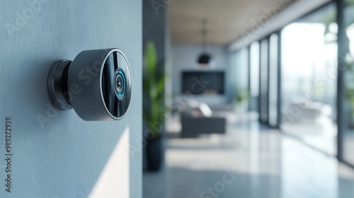 A modern security camera mounted on a wall, overlooking a stylish, open-concept living area with large windows and contemporary furnishings.