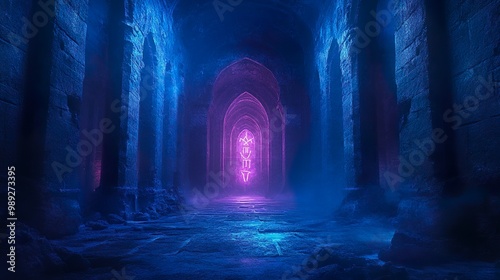 Dark cathedral with neon glowing altars and haunting divine designs pictures photo