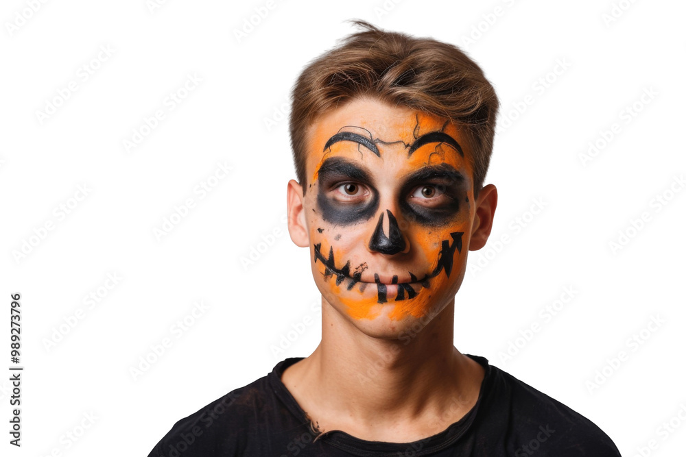 Portrait of a happy man with halloween horror makeup for the day of the dead, his face painted with a scary expression, isolated on a transparent png background Portrait of a happy man with halloween horror makeup for the day of the dead, his face painted with a scary expression, isolated on a transparent png background