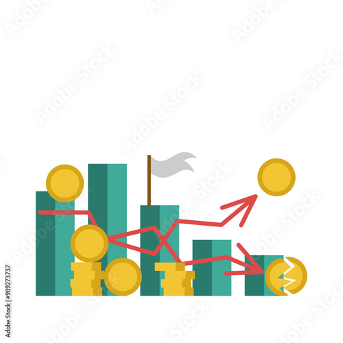 Instability. Graph, rising and falling arrows. Business. Economic decline and economic growth.  Flat simple vector illustration.