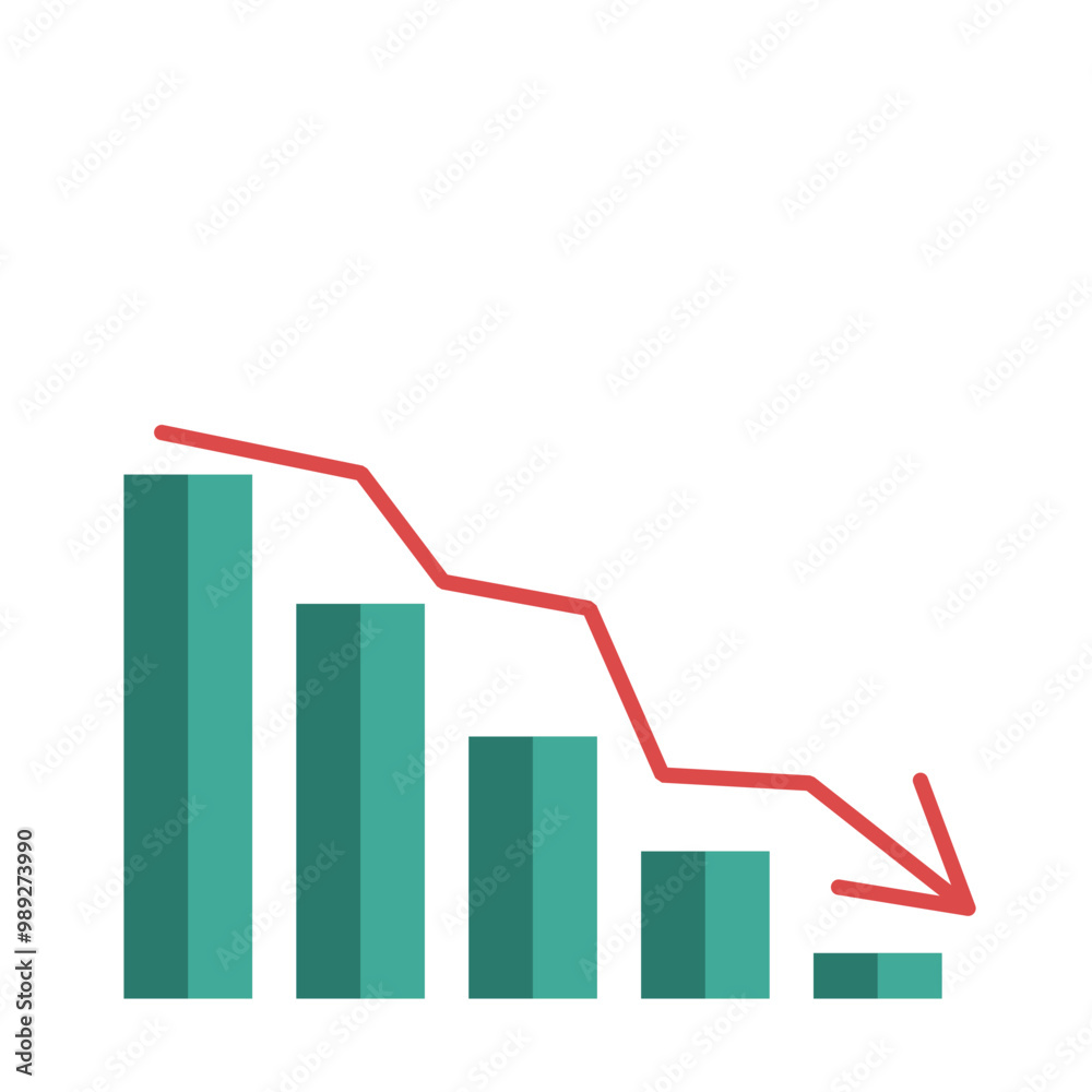 Descending graph. Red arrow down. Flat vector illustration. Descending graph. Red arrow down. Flat vector illustration.