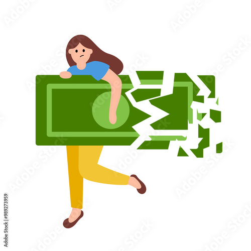 A girl with a bill. Hyperinflation. Money loses its value. The bill crumbles into pieces. Flat vector illustration.