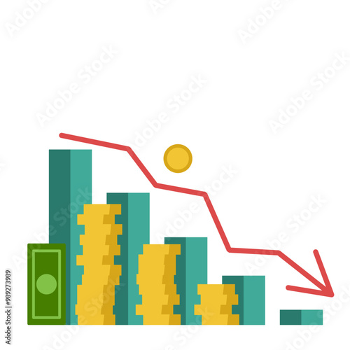 Inflation. Descending graph. Red arrow down. Coins. Flat vector illustration.