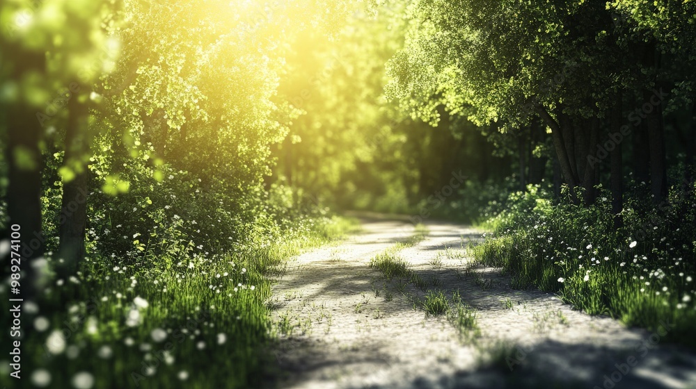 Obraz premium Enchanting Woodland Path Bathed in Radiant Sunlight