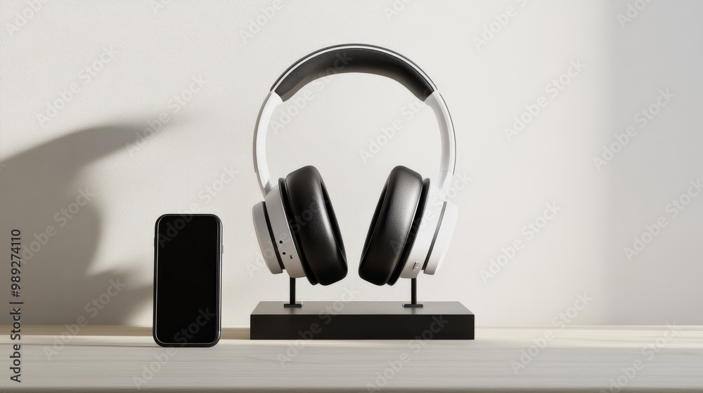 Modern wireless headphones on a sleek stand next to a compact speaker, showcasing a minimalist design with soft lighting. Modern wireless headphones on a sleek stand next to a compact speaker, showcasing a minimalist design with soft lighting.