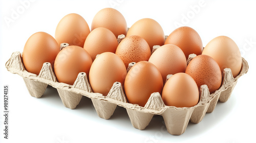 A dozen brown chicken eggs placed in a cardboard carton on a white background