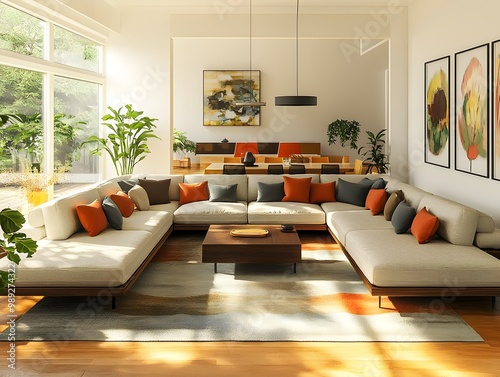 Cozy and welcoming contemporary living room featuring a spacious U shaped sectional sofa and tasteful decorative elements Scandinavian inspired design sensibilities photo