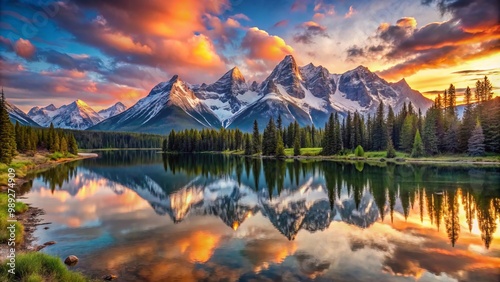 Serene mountain landscape at sunset, showcasing snow-capped peaks and calm waters reflecting the vibrant colors of the sky.