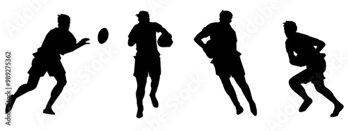 Set of silhouettes of rugby athletes with different poses, gestures. Isolated on white background. Vector illustration.