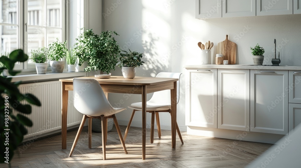 A compact dining table with fold-out leaves, perfect for small spaces, positioned in a bright, modern kitchen with sleek finishes. A compact dining table with fold-out leaves, perfect for small spaces, positioned in a bright, modern kitchen with sleek finishes.