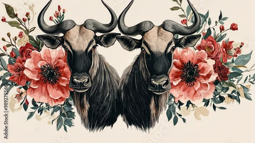 Two wildebeests are surrounded by pink and red flowers photo