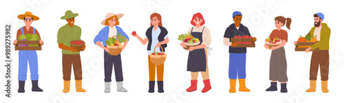 Farmers with harvest. Male and female agricultural characters carrying baskets and boxes with fresh fruits and vegetables flat vector illustration set. Cartoon farm workers with harvesting crop