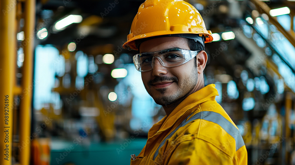 Worker smiling in industrial setting Worker smiling in industrial setting