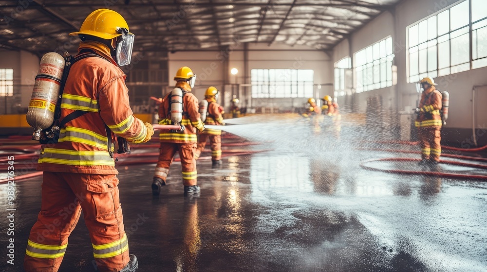Obraz premium Firefighters Battling Blaze in Warehouse: Heroic Response in Action