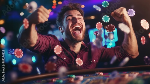 A man joyfully celebrates his winnings at a casino, surrounded by colorful poker chips and a vibrant atmosphere. photo