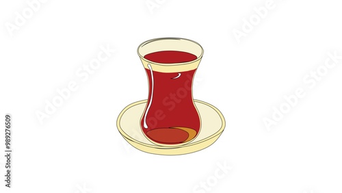 Black tea in glass tea cup vetor illustration. tea in a classic turkish glass. Turkish authentic traditional black tea in the glass. line art style