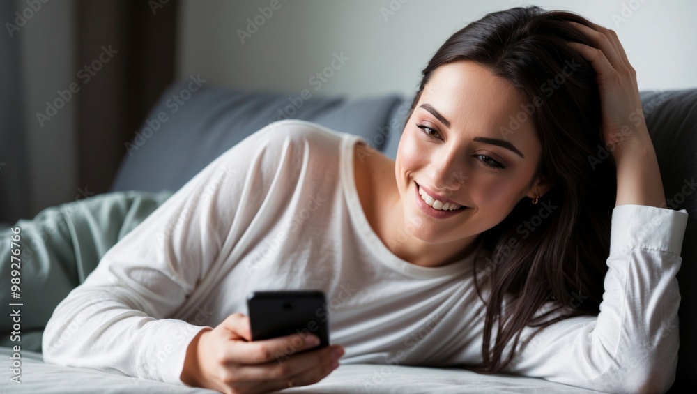 Smiling woman lying in bed with smartphone Smiling woman lying in bed with smartphone