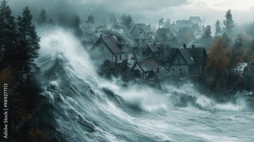Fototapeta premium Surreal storm surge engulfing coastal village