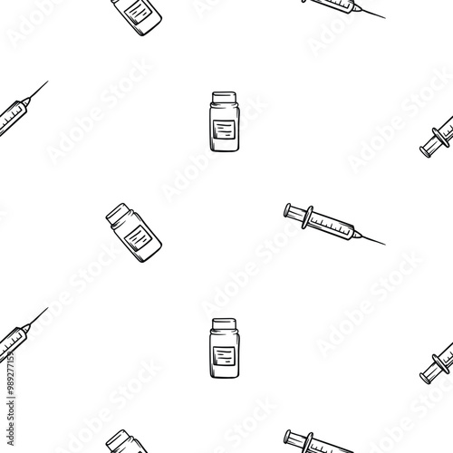 Simple black and white seamless pattern with vaccine and syringe icon. Editable vector background related to diseases, flu, coronavirus, epidemic and quarantine